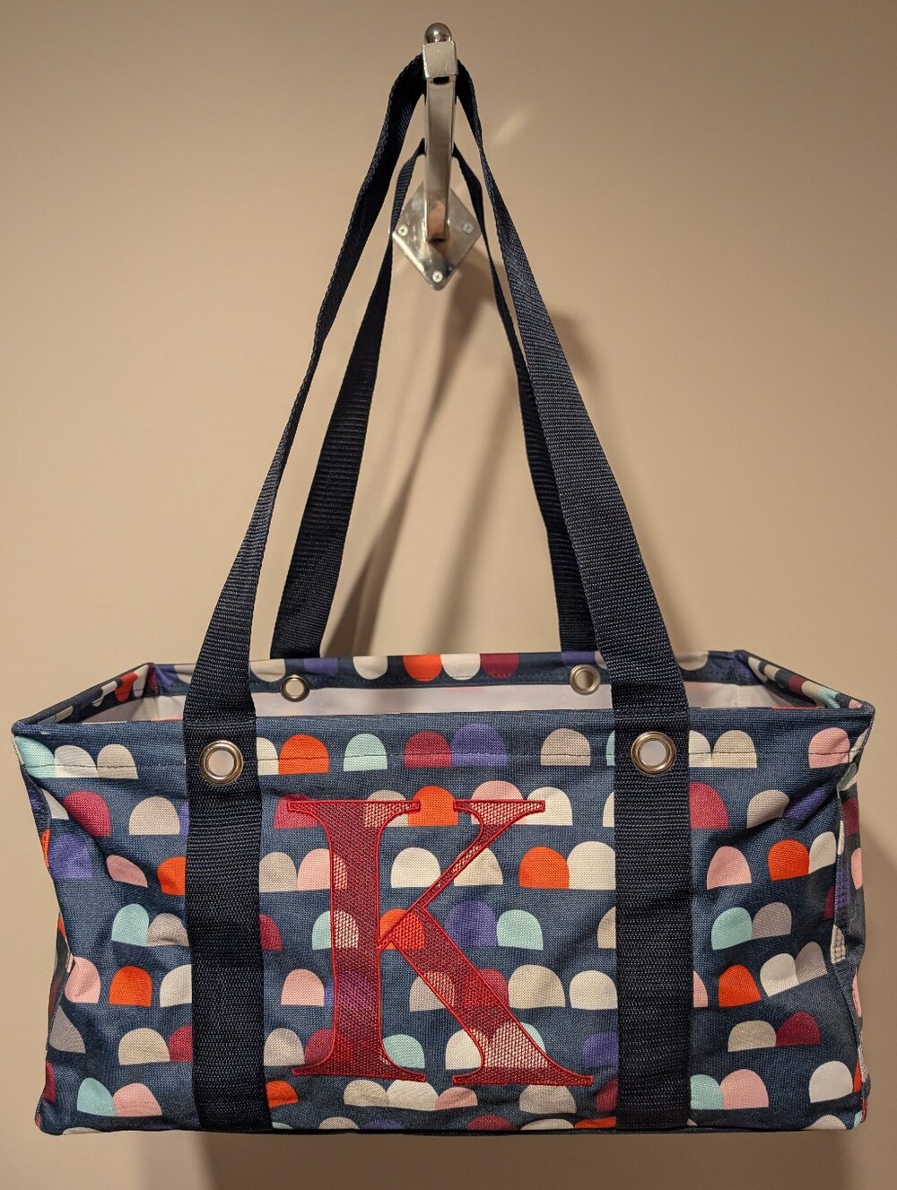 Monogrammed Navy Patterned Tote Bag with Red 'K'